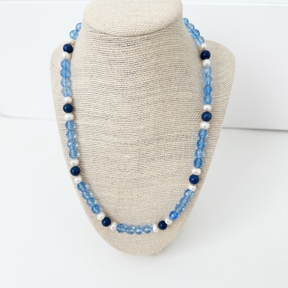 NWT Genuine Lapis, Pearls & Crystals Necklace Blue White Bead Beaded - Picture 1 of 4